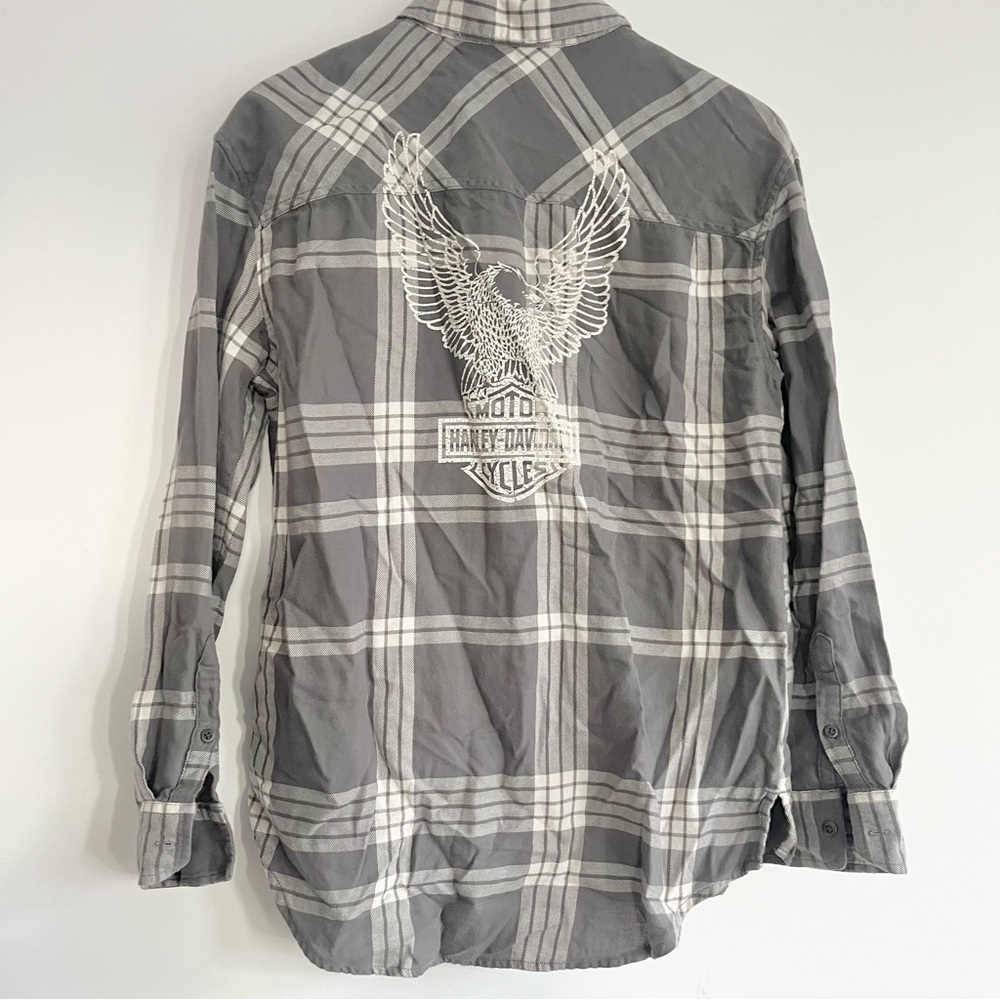 Harley Davidson Plaid Button Down w Patches Harley Made Me Do It Back Graphic M
